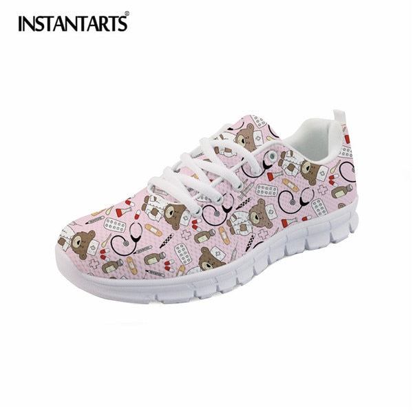 INSTANTARTS Spring Nurse Flat Shoes Women Cute Cartoon Nurses Printed Women's Sneakers Shoes Breath Mesh Flats Zapatos de Mujer
