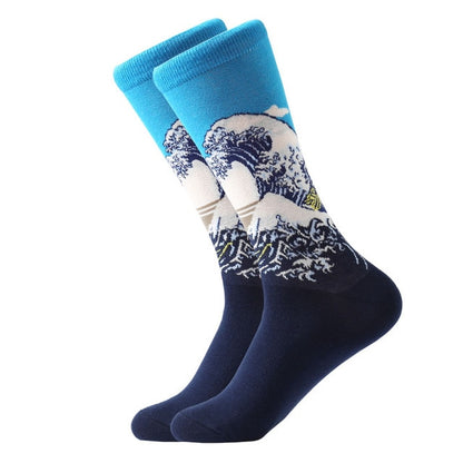 LETSBUY 1pair Combed Cotton Colorful Van Gogh Retro Oil Painting Men Socks cool casual Dress Funny party dress crew Socks