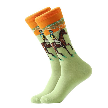 LETSBUY 1pair Combed Cotton Colorful Van Gogh Retro Oil Painting Men Socks cool casual Dress Funny party dress crew Socks