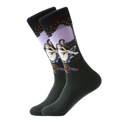 LETSBUY 1pair Combed Cotton Colorful Van Gogh Retro Oil Painting Men Socks cool casual Dress Funny party dress crew Socks