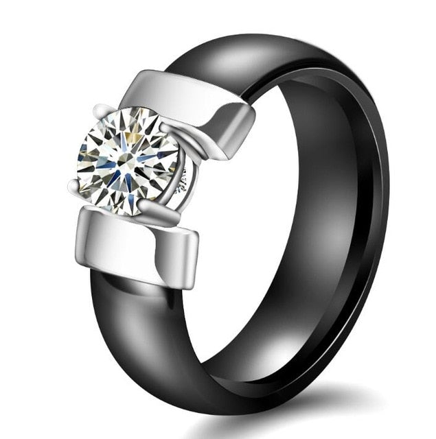 6mm White Black Ceramic Rings Plus Cubic Zirconia For Women Gold Color Stainless Steel Women Wedding Ring Engagement Jewelry