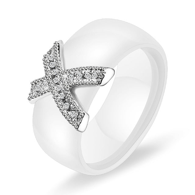 6mm White Black Ceramic Rings Plus Cubic Zirconia For Women Gold Color Stainless Steel Women Wedding Ring Engagement Jewelry
