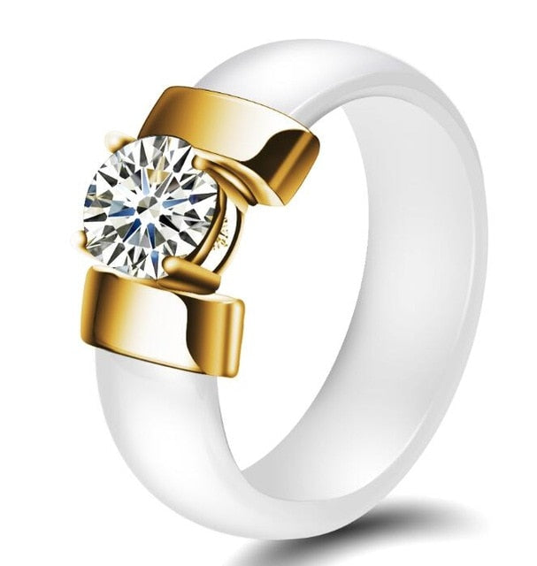 6mm White Black Ceramic Rings Plus Cubic Zirconia For Women Gold Color Stainless Steel Women Wedding Ring Engagement Jewelry