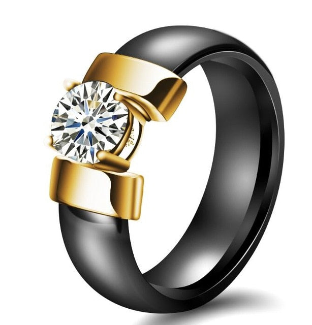 6mm White Black Ceramic Rings Plus Cubic Zirconia For Women Gold Color Stainless Steel Women Wedding Ring Engagement Jewelry