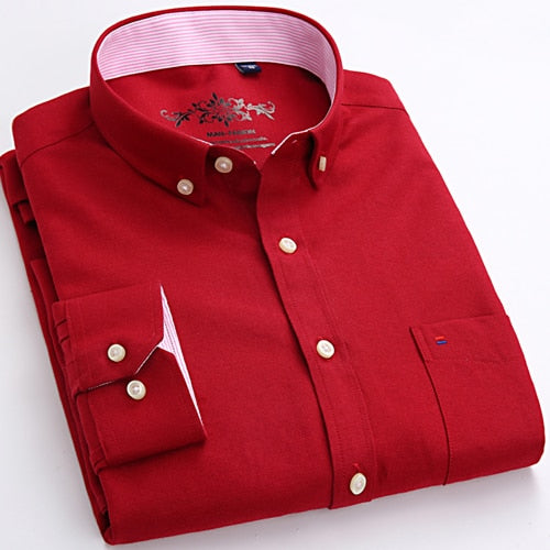 Men's Long Sleeve Oxford Plaid Striped Casual Shirt Front Patch Chest Pocket Regular-fit Button-down Collar Thick Work Shirts
