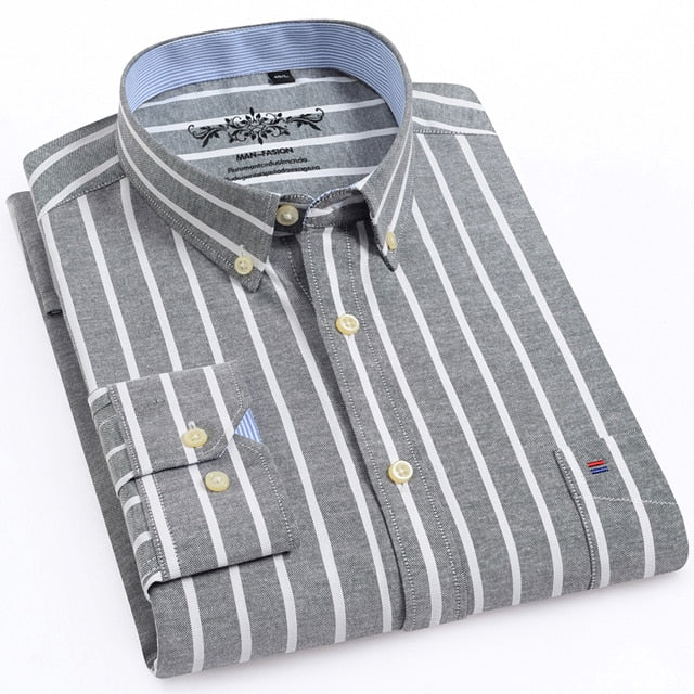 Men's Long Sleeve Oxford Plaid Striped Casual Shirt Front Patch Chest Pocket Regular-fit Button-down Collar Thick Work Shirts