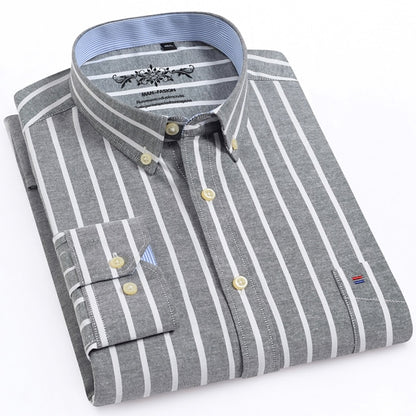 Men's Long Sleeve Oxford Plaid Striped Casual Shirt Front Patch Chest Pocket Regular-fit Button-down Collar Thick Work Shirts