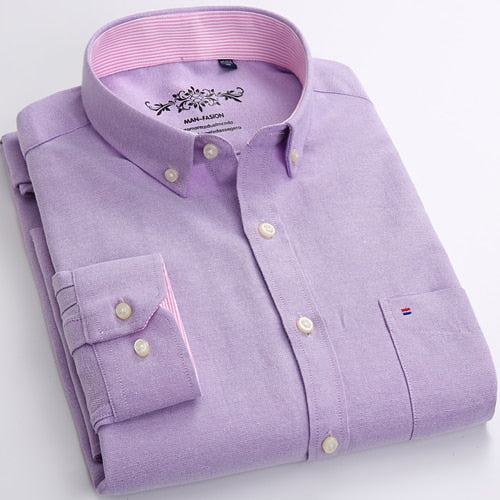 Men's Long Sleeve Oxford Plaid Striped Casual Shirt Front Patch Chest Pocket Regular-fit Button-down Collar Thick Work Shirts