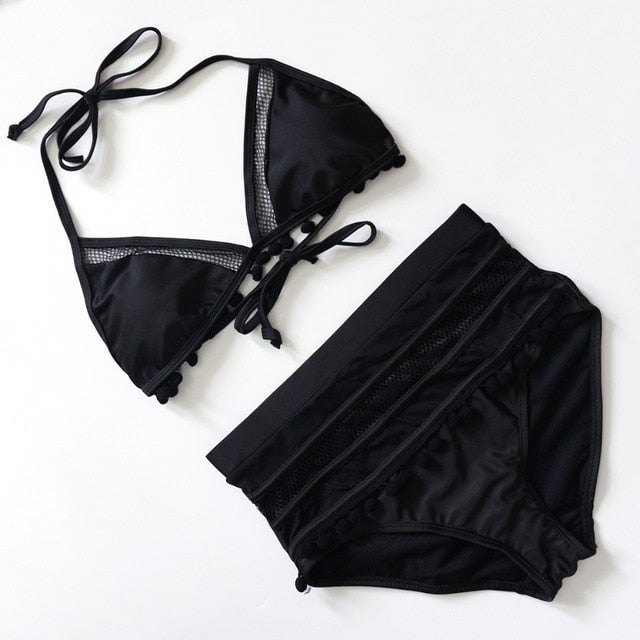 2020 Sexy Halter Retro Mesh Hollow Out String Biquini Bathing Suit Female Swimsuit High Waist Plus Size Swimwear Women Bikini