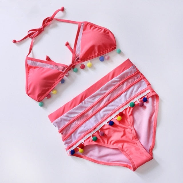 2020 Sexy Halter Retro Mesh Hollow Out String Biquini Bathing Suit Female Swimsuit High Waist Plus Size Swimwear Women Bikini