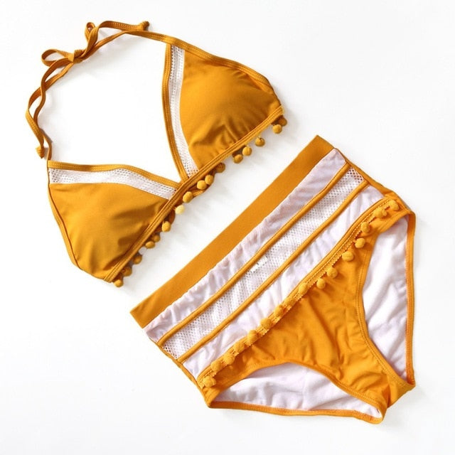 2020 Sexy Halter Retro Mesh Hollow Out String Biquini Bathing Suit Female Swimsuit High Waist Plus Size Swimwear Women Bikini