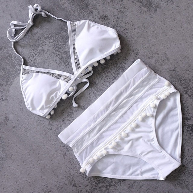 2020 Sexy Halter Retro Mesh Hollow Out String Biquini Bathing Suit Female Swimsuit High Waist Plus Size Swimwear Women Bikini
