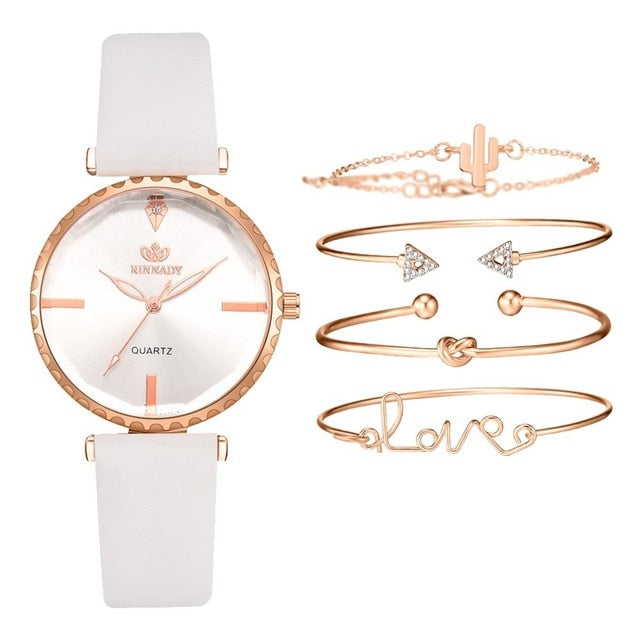 5pcs Set Top Style Fashion Women's Luxury Leather Band Analog Quartz WristWatch Ladies Watch Women Dress Reloj Mujer Black Clock