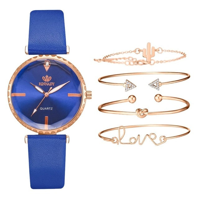 5pcs Set Top Style Fashion Women's Luxury Leather Band Analog Quartz WristWatch Ladies Watch Women Dress Reloj Mujer Black Clock