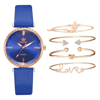 5pcs Set Top Style Fashion Women's Luxury Leather Band Analog Quartz WristWatch Ladies Watch Women Dress Reloj Mujer Black Clock