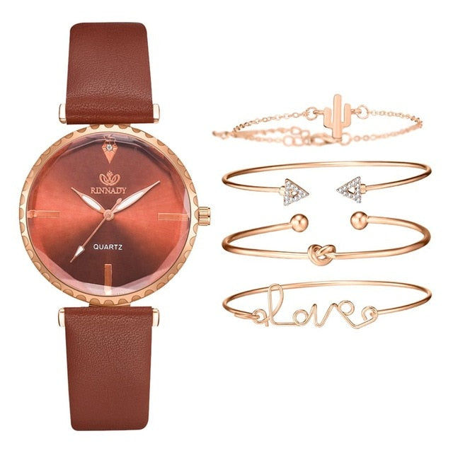 5pcs Set Top Style Fashion Women's Luxury Leather Band Analog Quartz WristWatch Ladies Watch Women Dress Reloj Mujer Black Clock
