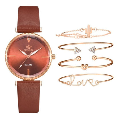 5pcs Set Top Style Fashion Women's Luxury Leather Band Analog Quartz WristWatch Ladies Watch Women Dress Reloj Mujer Black Clock