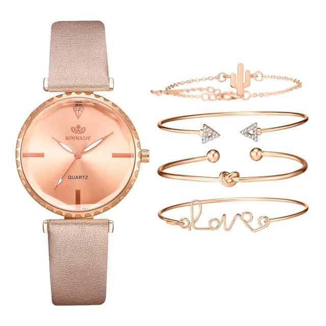 5pcs Set Top Style Fashion Women's Luxury Leather Band Analog Quartz WristWatch Ladies Watch Women Dress Reloj Mujer Black Clock