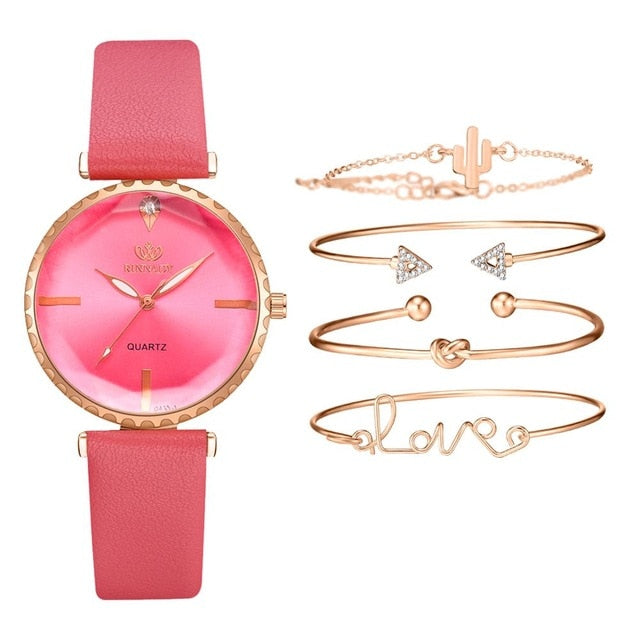5pcs Set Top Style Fashion Women's Luxury Leather Band Analog Quartz WristWatch Ladies Watch Women Dress Reloj Mujer Black Clock