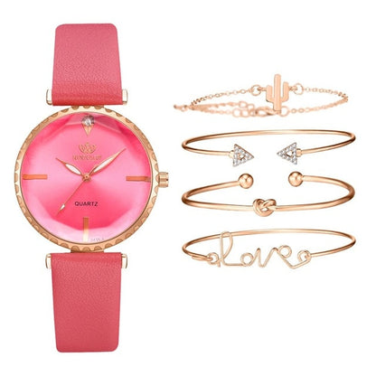 5pcs Set Top Style Fashion Women's Luxury Leather Band Analog Quartz WristWatch Ladies Watch Women Dress Reloj Mujer Black Clock