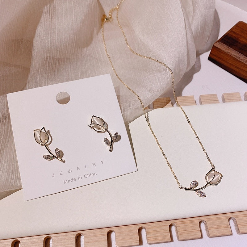 MENGJIQIAO Fashion Elegant Cute Opal Rose Flower Stud Earrings For Women Students Delicate Micro Paved Zircon Jewelry Oorbellen