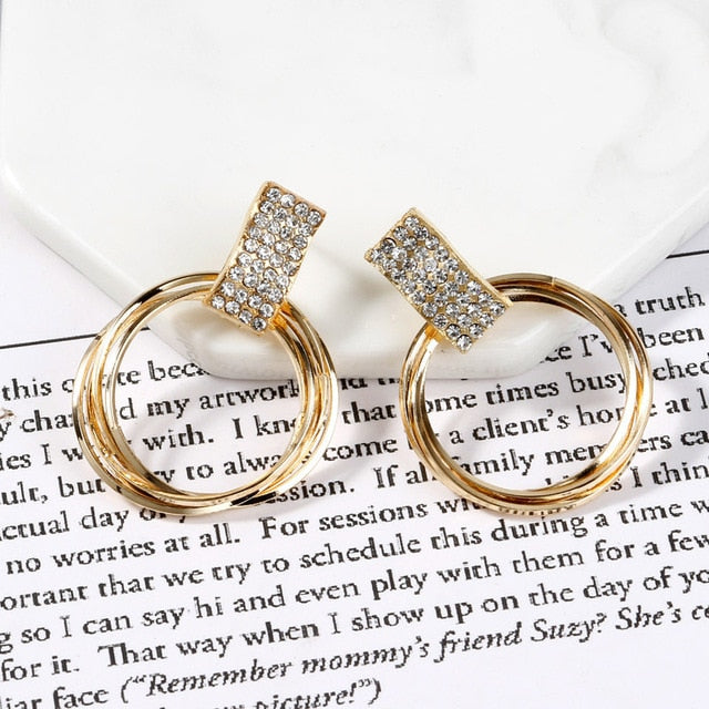 New design fashion hanging earrings geometric round shiny rhinestone earrings women's jewelry wholesale