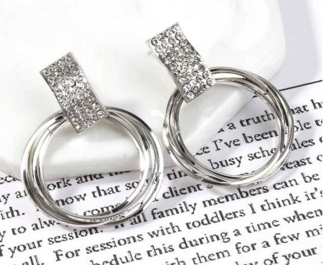 New design fashion hanging earrings geometric round shiny rhinestone earrings women's jewelry wholesale