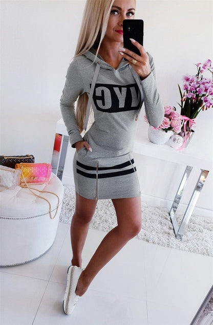 Women Casual Pencil Dress Hooded Zipper Decor O-Neck Long/Short Sleeve Letter Print High Waist Spring Summer Slim Hips Dress