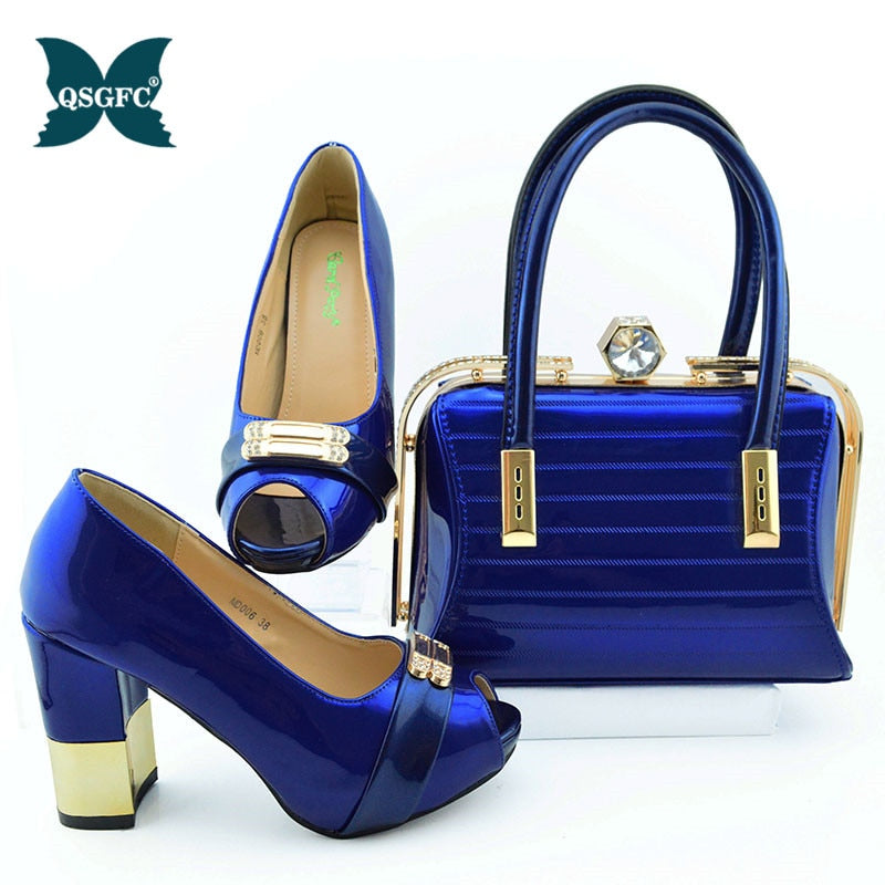New Arrival royal blue Color African Women Matching Italian Shoes and Bag Set Decorated with Rhinestone small size design