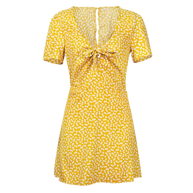 Fashion Women Short Sleeve Wrap Boho Floral Mini Dress Ladies Summer Holiday Party Sundress Female vestidos
