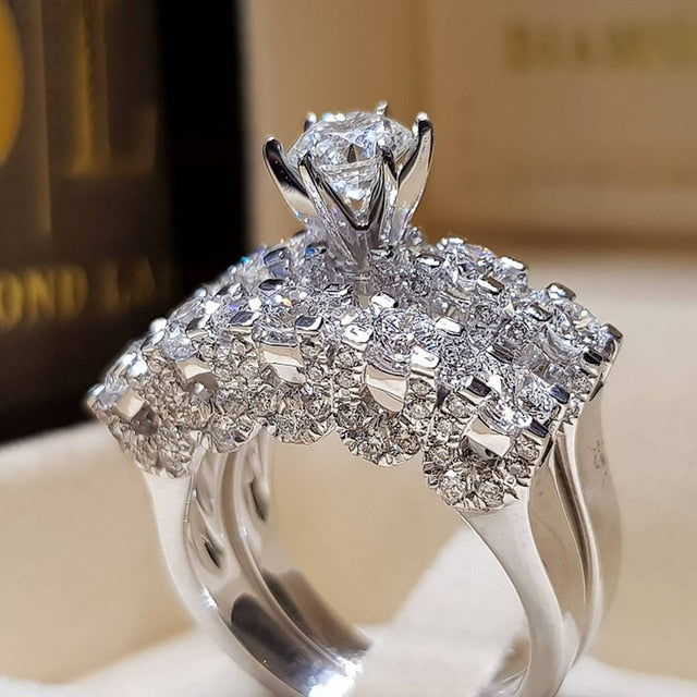 2Pcs Bridal Set Elegant rings for Women Sliver Color Wedding Engagement fashion Jewelry With Full Shiny Cubiz Zircon female ring