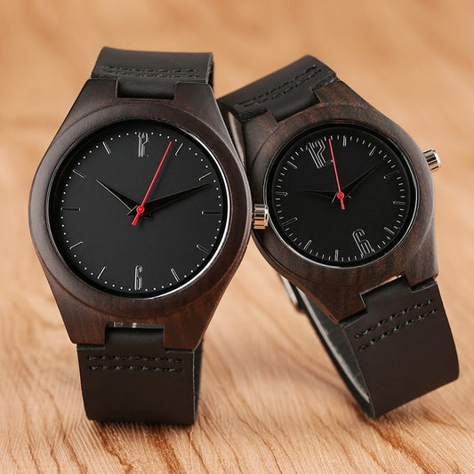 Lovers Gifts Luxury Royal Ebony Wood Watch Mens Fashion Wooden Women Dress Clocks Male Genuine Leather Valentine's Day Relojes