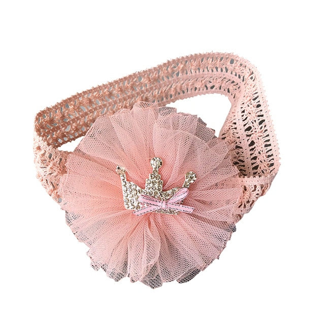 Balleenshiny Infant Child Hair Band Three-dimensional Alloy Rhinestone Crown Headdress Baby Girl Mesh Elastic Headband Turban