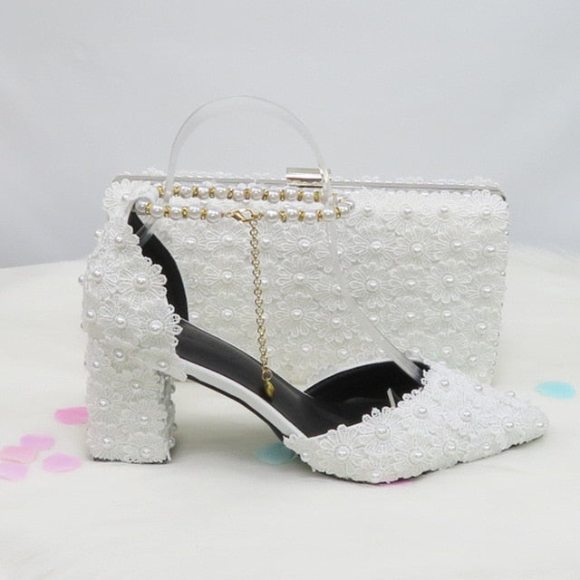 White Lace Flower wedding shoes with matching bags High heels Pointed Toe Ankle Strap Ladies Party shoe bag set Royal Blue Shoe