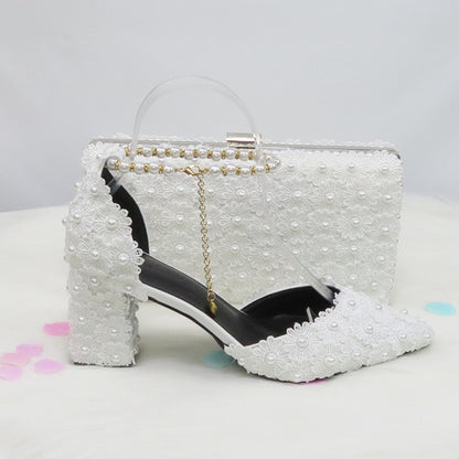 White Lace Flower wedding shoes with matching bags High heels Pointed Toe Ankle Strap Ladies Party shoe bag set Royal Blue Shoe