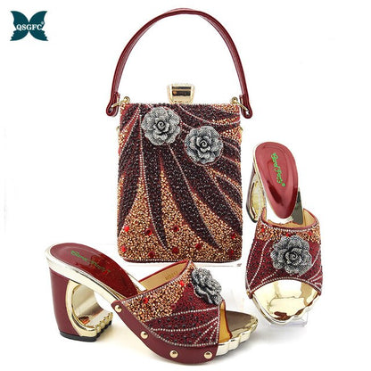 Black Color Latest Shoes and Bags Set Italian matching Sets 2020 Nigerian Shoes and Matching Bags Women Rhinestone Wedding Shoes