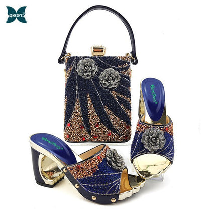 Black Color Latest Shoes and Bags Set Italian matching Sets 2020 Nigerian Shoes and Matching Bags Women Rhinestone Wedding Shoes