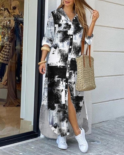 CN975 Fashionable Shirt-style Button Dress Ladies Casual Long Street Dress Large Size Loose Home Commuter Print Dress Women