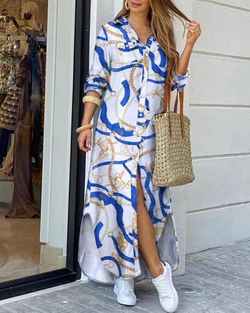 CN975 Fashionable Shirt-style Button Dress Ladies Casual Long Street Dress Large Size Loose Home Commuter Print Dress Women