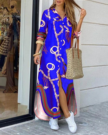 CN975 Fashionable Shirt-style Button Dress Ladies Casual Long Street Dress Large Size Loose Home Commuter Print Dress Women