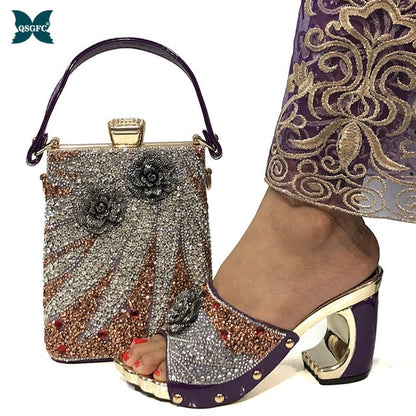 2020 New Arrival Fashionable Italian Shoes and Bag Sets Silver Color Women's Shoes with Appliques for African lady Sandals