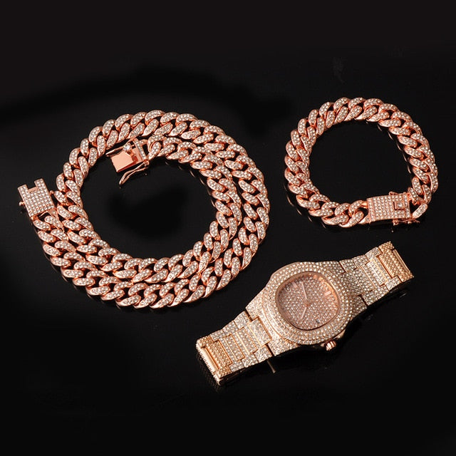 13MM 3pcs Rose Gold Necklace +Watch+Bracelet Hip Hop Miami Curb Cuban Chain Iced Out Paved Rhinestones CZ Bling For Men Jewelry