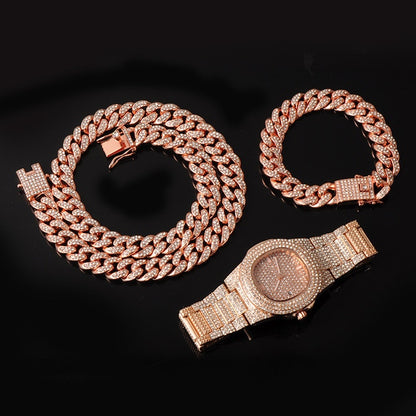 13MM 3pcs Rose Gold Necklace +Watch+Bracelet Hip Hop Miami Curb Cuban Chain Iced Out Paved Rhinestones CZ Bling For Men Jewelry