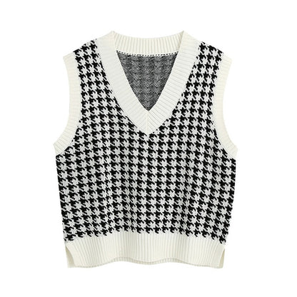 KPYTOMOA Women 2020 Fashion Houndstooth Loose Knitted Vest Sweater V Neck Sleeveless Side Vents Female Waistcoat Chic Tops
