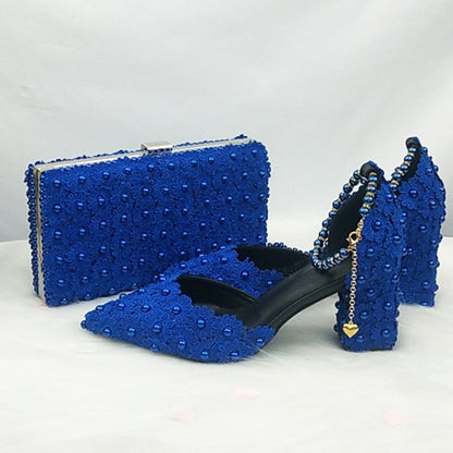 White Lace Flower wedding shoes with matching bags High heels Pointed Toe Ankle Strap Ladies Party shoe bag set Royal Blue Shoe