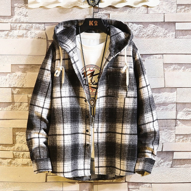 Casual Brand With Hooded Plaid Shirt Men'S Fleece Red Shirts Long Sleeves 2020 New Spring Autumn Plus OverSize M-6XL