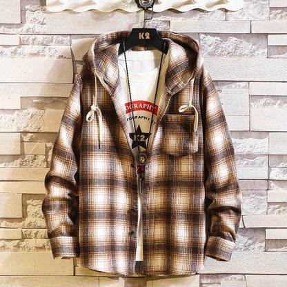 Casual Brand With Hooded Plaid Shirt Men'S Fleece Red Shirts Long Sleeves 2020 New Spring Autumn Plus OverSize M-6XL