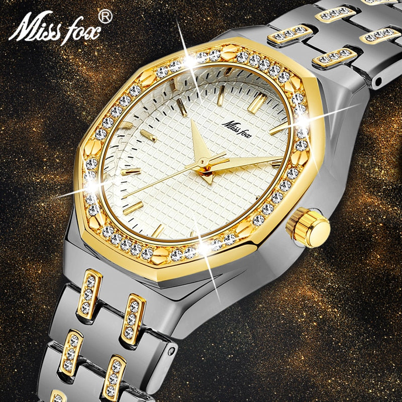 MISSFOX Fashion Watches Women's Expensive 18K Gold Ladies Wrist Watch Women Quartz Classic Analog Diamond Jewelry Hand Watch