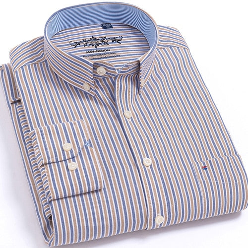 Men's Long Sleeve Oxford Plaid Striped Casual Shirt Front Patch Chest Pocket Regular-fit Button-down Collar Thick Work Shirts