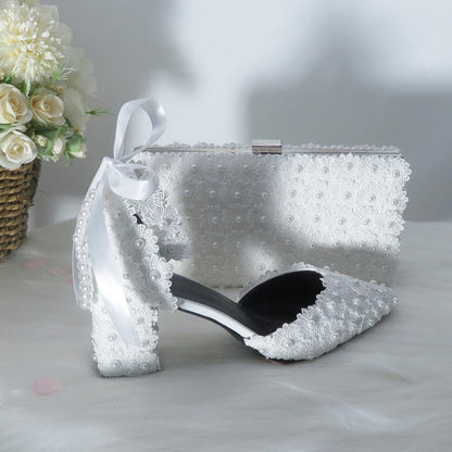 White Lace Flower wedding shoes with matching bags High heels Pointed Toe Ankle Strap Ladies Party shoe bag set Royal Blue Shoe